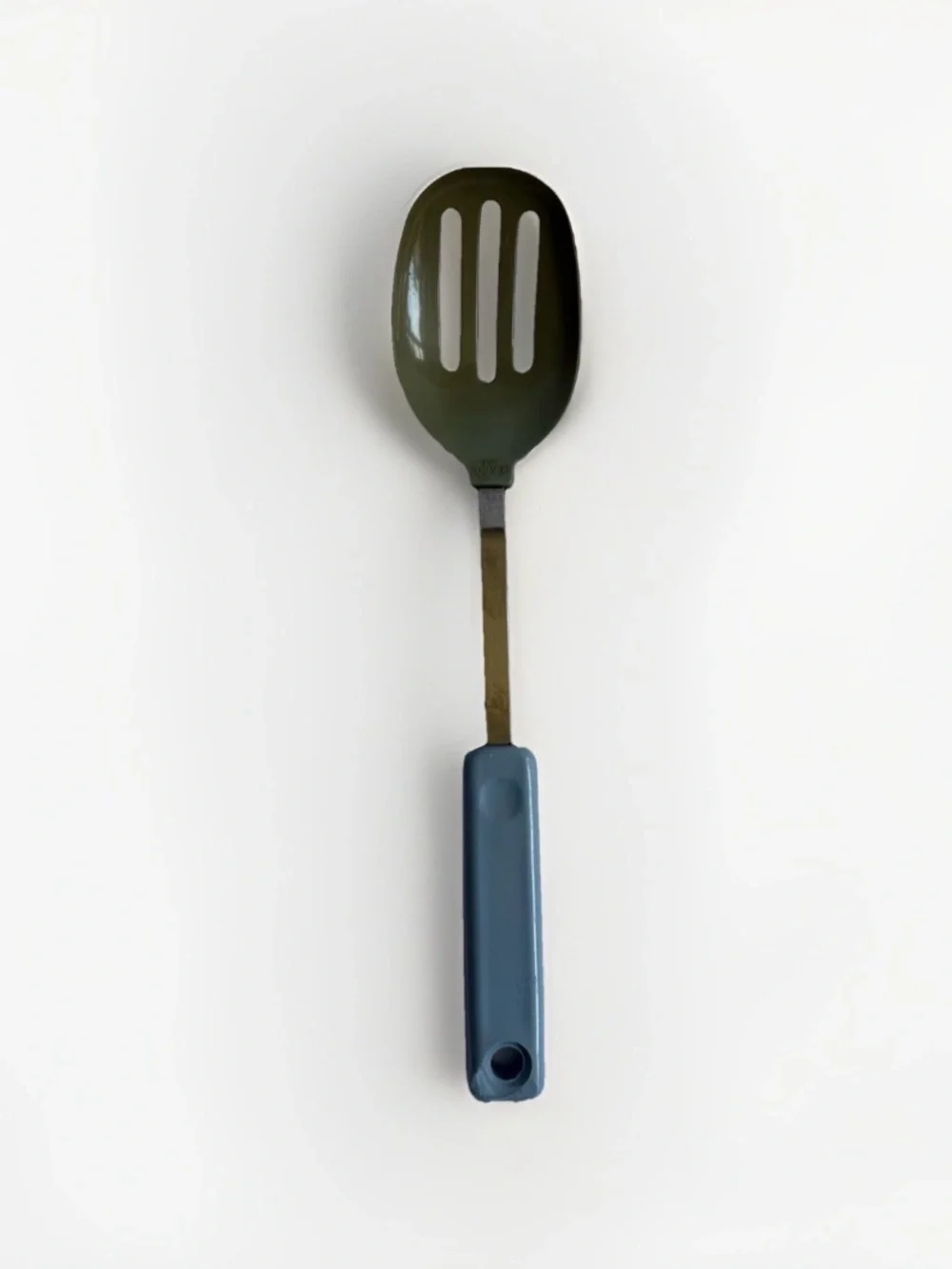 Vintage EKCO Slotted Serving Spoon Olive Green Nylon Blue Plastic Handle USA 70s